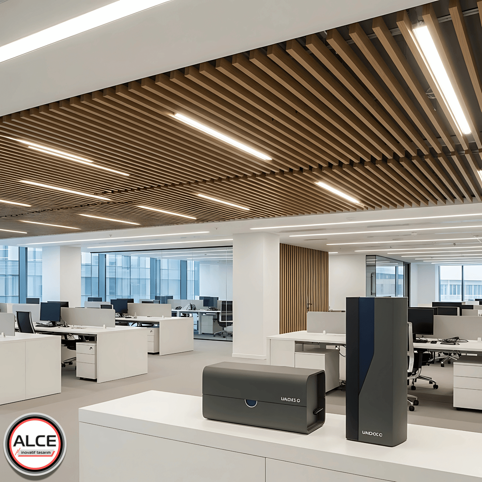 Modern ofislerde kullanılan ahşap görünümlü metal baffle asma tavan sistemi, lineer LED aydınlatma ile açık çalışma alanlarına hem düzen hem de doğal bir estetik kazandırır – Alce İnovatif Tasarım